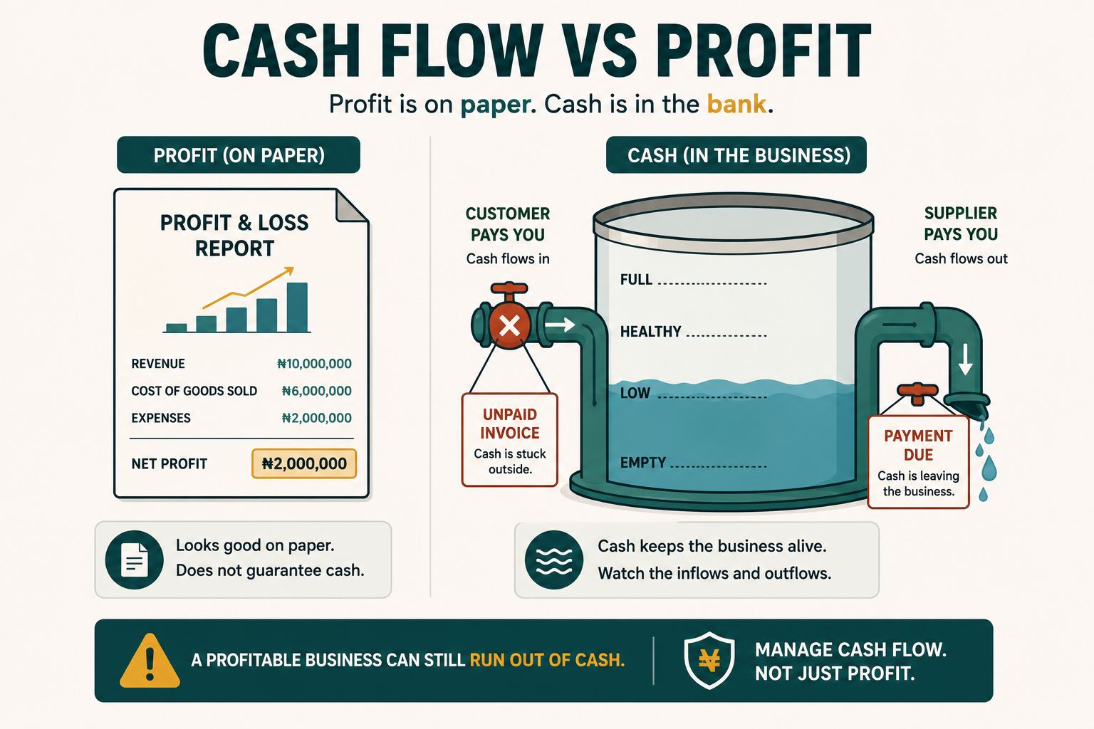 Profit shown as a paper report versus cash shown as the actual water level in a tank, with unpaid customer invoices blocking an inflow pipe and a supplier payment due draining an outflow pipe