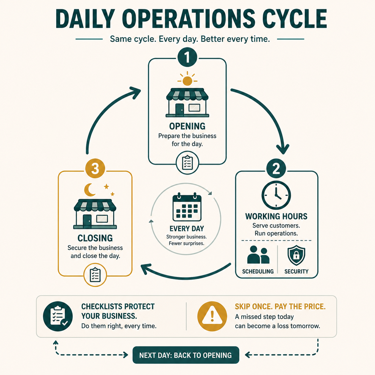 The daily operations cycle: opening, working hours with scheduling and security, and closing, repeating every single day