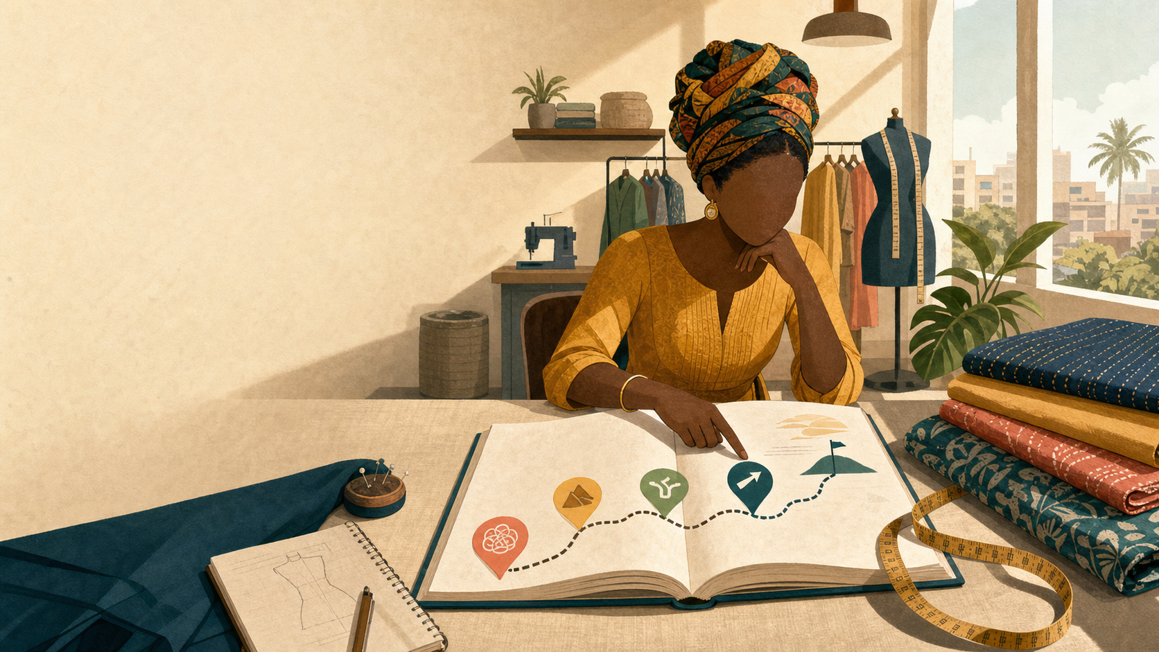 A tailor in a calm workshop choosing a route through an open field guide