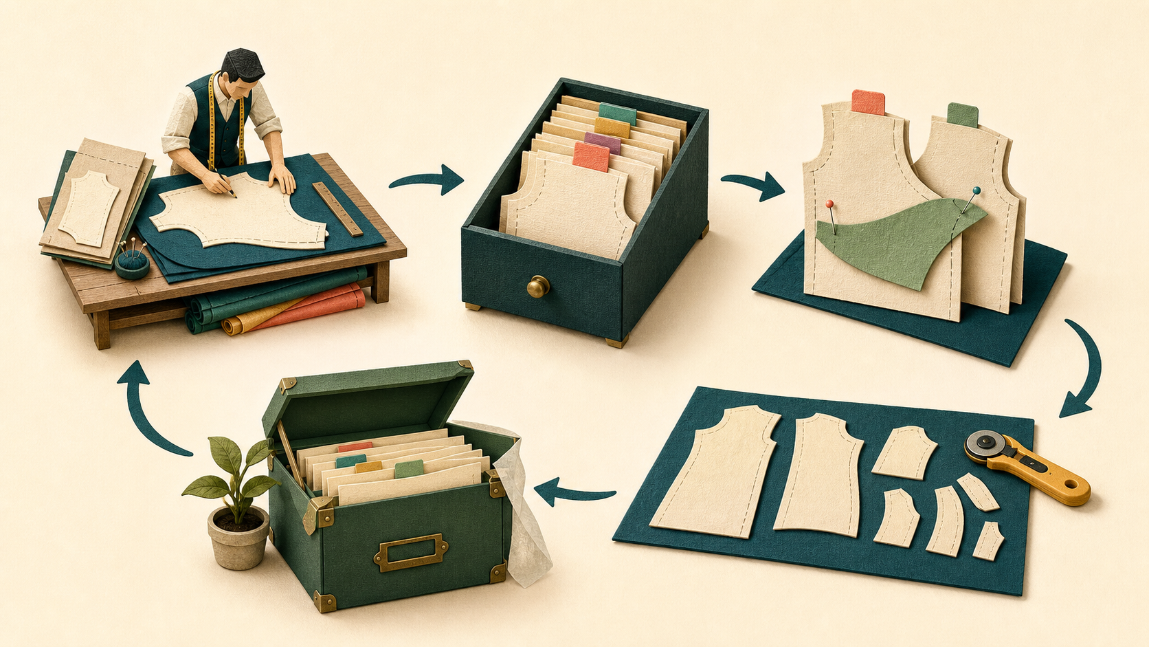 A garment pattern moves through five stages: creation, orderly storage, controlled updates, production use, and archiving.