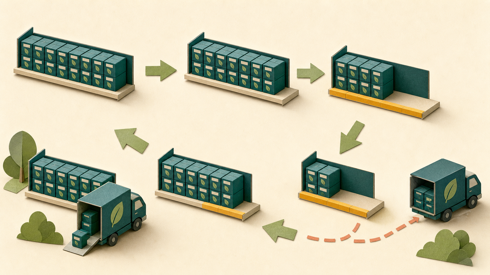 A repeating stock cycle: full shelf, declining stock, amber reorder signal, incoming delivery, and replenishment.